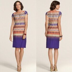Chico's Size 2 = Large/12 Ikat Print Purple Ilana Shift Dress Soft Knit Stretch‎